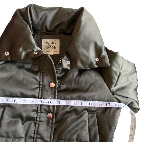 Maralyn & Me Cropped Puffer‎ Bomber Jacket Shiny Olive Sz S Silky Soft Cozy - Picture 10 of 11